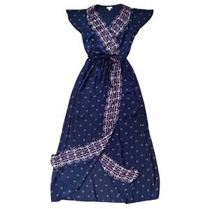 Xhilaration Boho Faux Wrap Lined Navy Blue & Pink Maxi Dress Medium